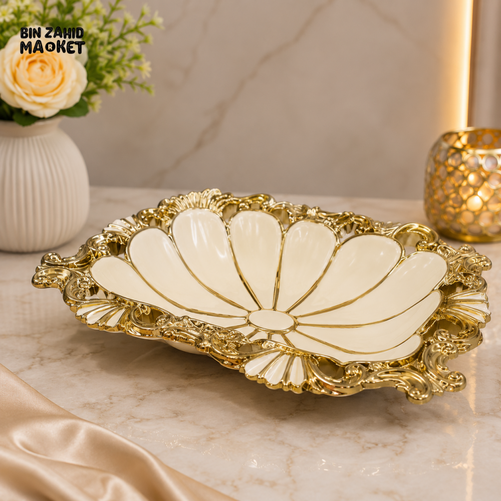 BRILLIANT LUXURY CERAMIC DECORATIVE FRUIT & SERVING BOWL 10.25 INCH – GOLDEN FLORAL DESIGN