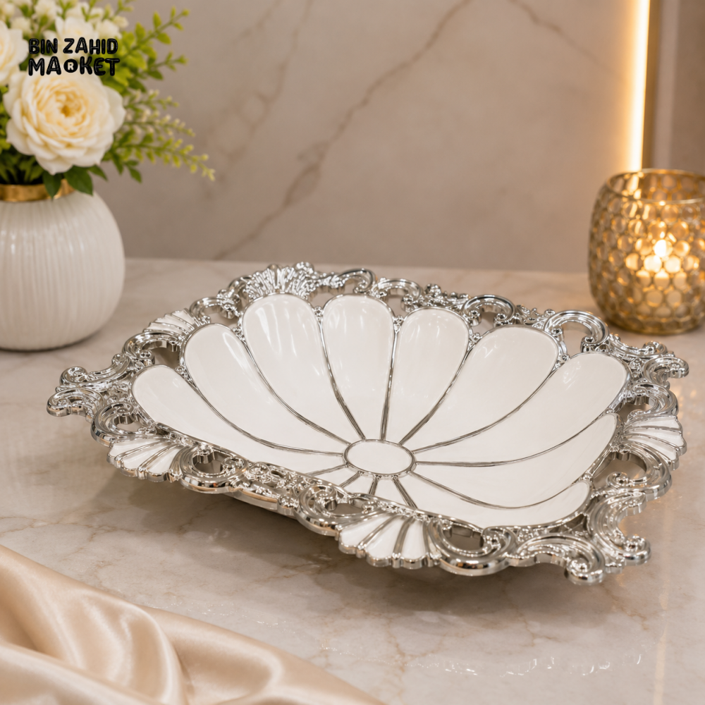 BRILLIANT LUXURY CERAMIC DECORATIVE FRUIT & SERVING BOWL 10.25 INCH – SILVER FLORAL DESIGN