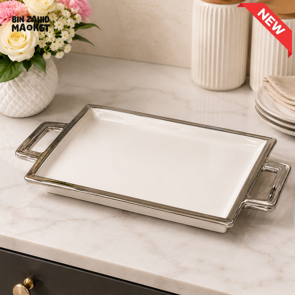 BRILLIANT RECTANGULAR CERAMIC SERVING TRAY 11 INCH WITH 2 HANDLES - WHITE & SILVER