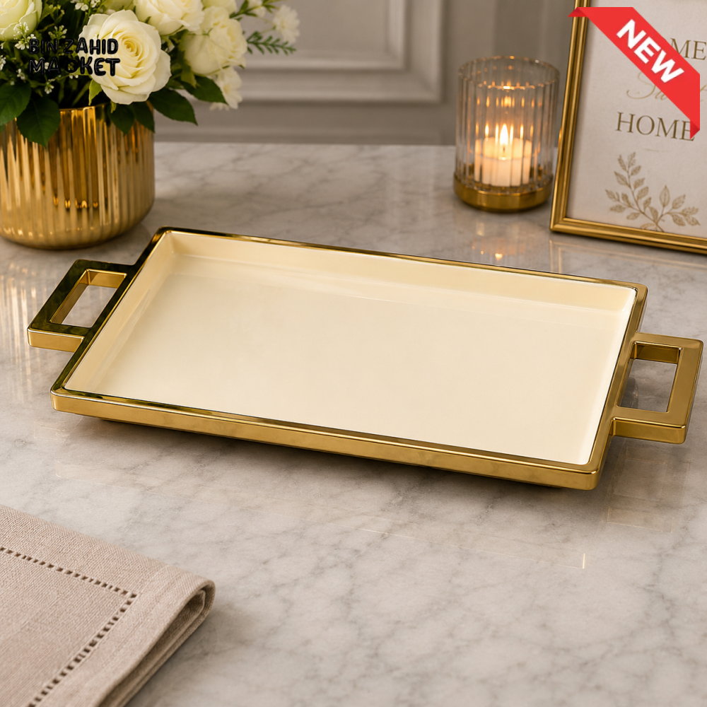 BRILLIANT RECTANGULAR CERAMIC SERVING TRAY 18 INCH - WHITE & GOLDEN