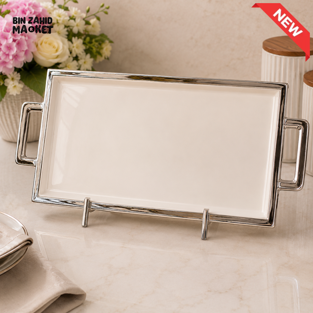 BRILLIANT RECTANGULAR CERAMIC SERVING TRAY 18 INCH - WHITE & SILVER