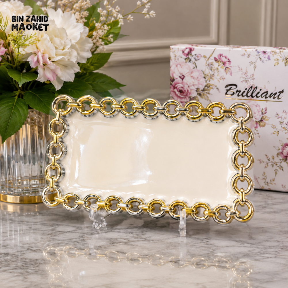 BRILLIANT RECTANGULAR GOLD CHAIN DECORATIVE SERVING TRAY 11 INCH