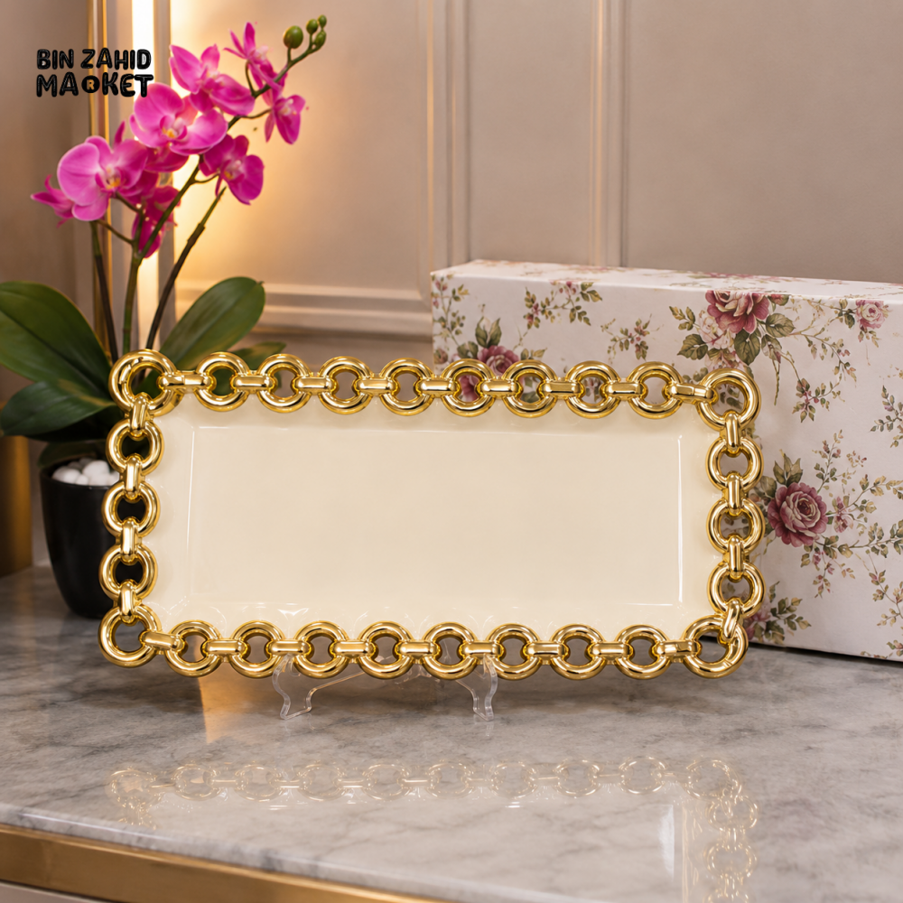 BRILLIANT RECTANGULAR GOLD CHAIN DECORATIVE SERVING TRAY 15 INCH