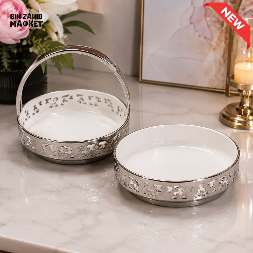BRILLIANT ROUND CERAMIC SERVING BOWL SET 10.5 INCH WITH METAL STAND / SILVER - 2 PCS