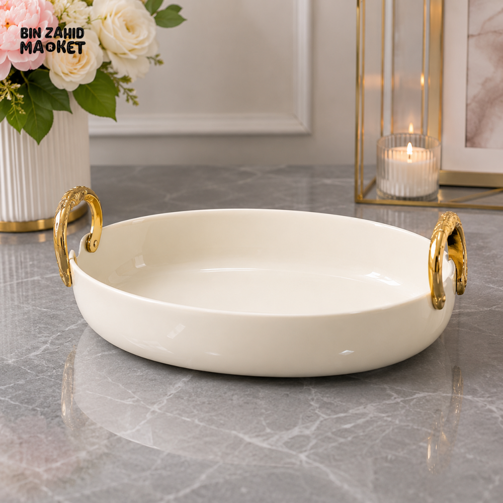 BRILLIANT ROUND CERAMIC SERVING TRAY 10.25 INCH OVAL BOWL - WITH GOLD HANDLES