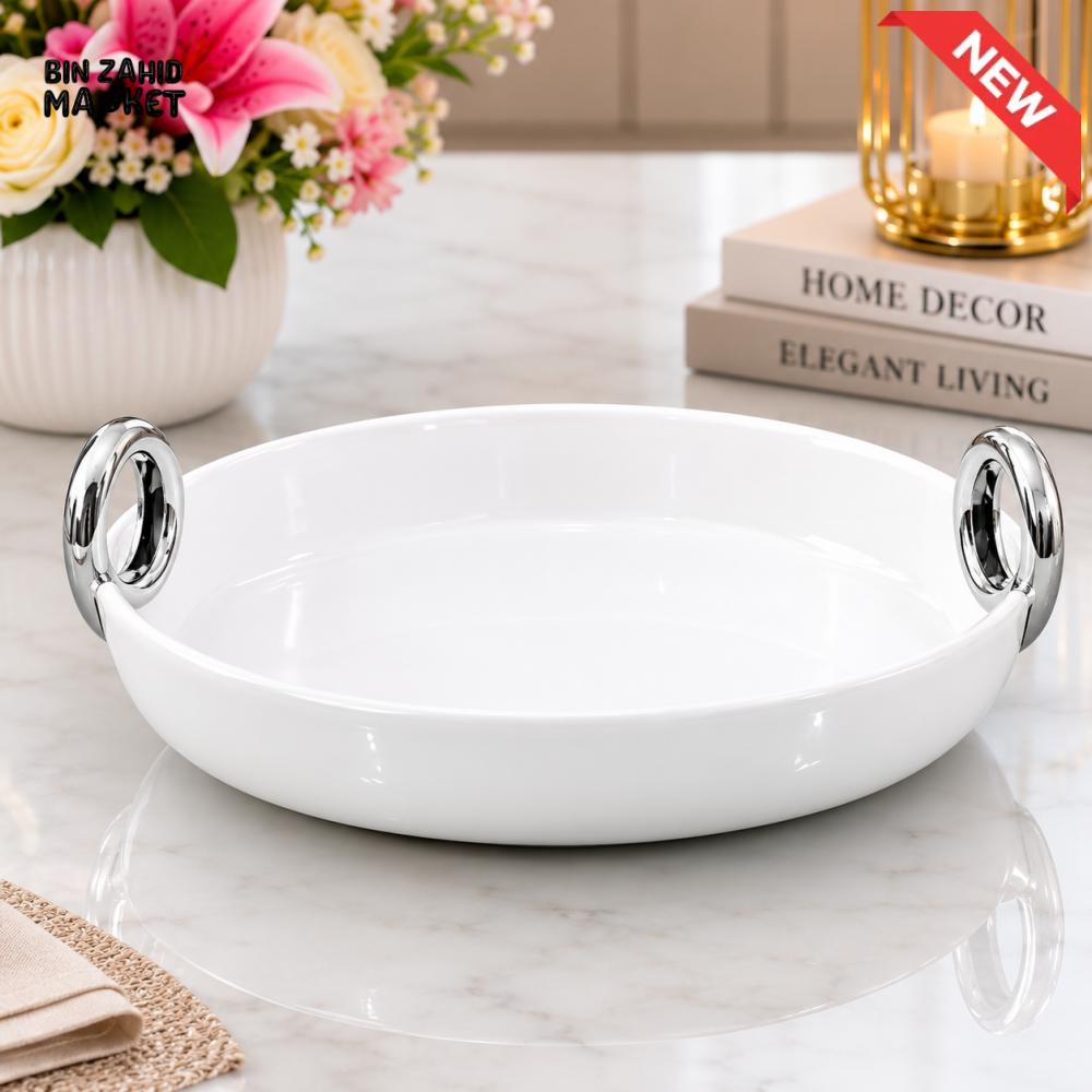 BRILLIANT ROUND CERAMIC SERVING TRAY 10.25 INCH OVAL BOWL - WITH SILVER HANDLES