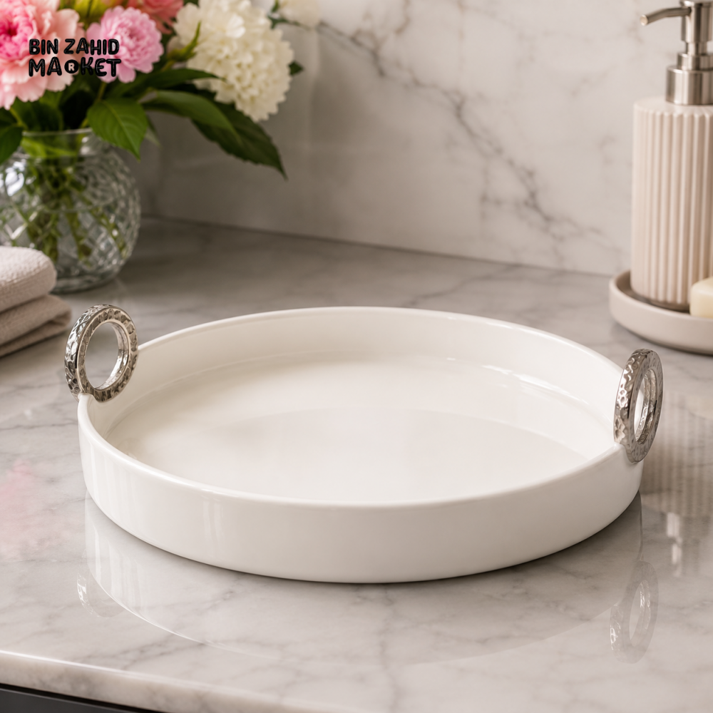 BRILLIANT ROUND CERAMIC SERVING TRAY 10.75 INCH - WITH SILVER HANDLES