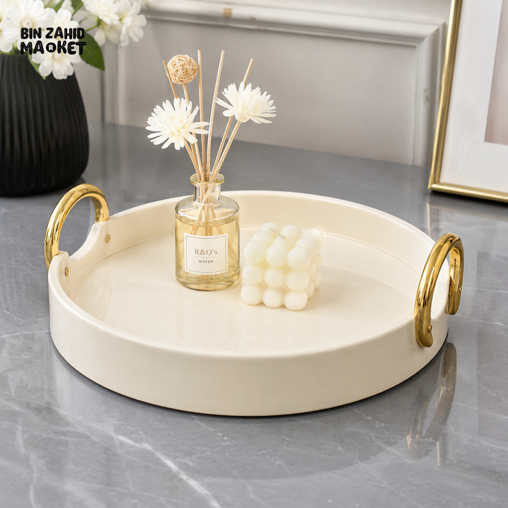 BRILLIANT ROUND DECORATIVE SERVING TRAY 10.75 INCH - WITH GOLD HANDLES
