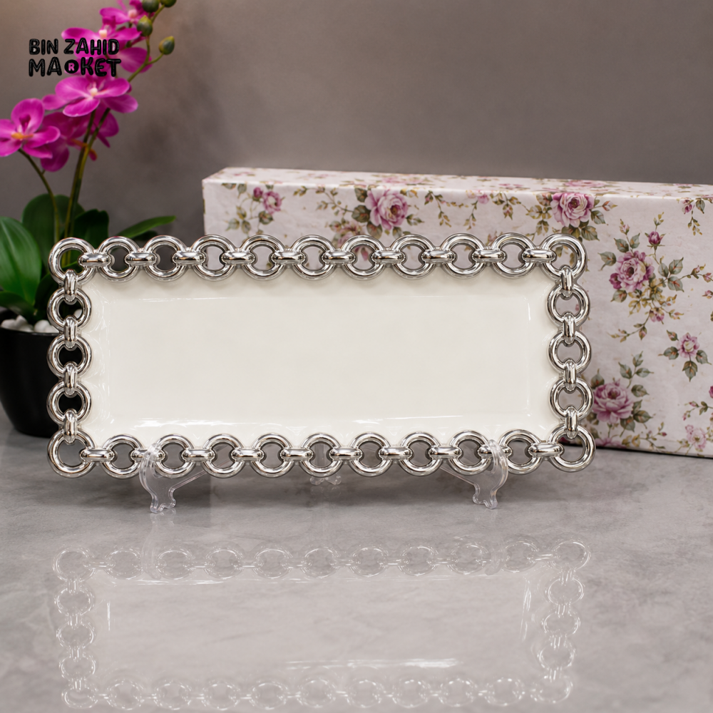 BRILLIANT SILVER RECTANGULAR CHAIN DECORATIVE SERVING TRAY 15 INCH
