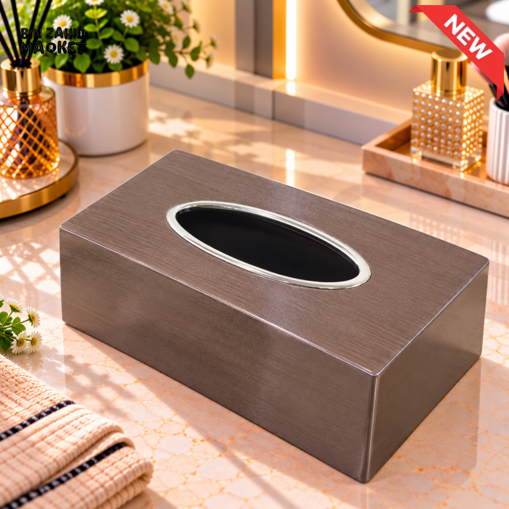 BROWN RECTANGULAR TISSUE BOX WITH SILVER OVAL TRIM - Tissue Boxes