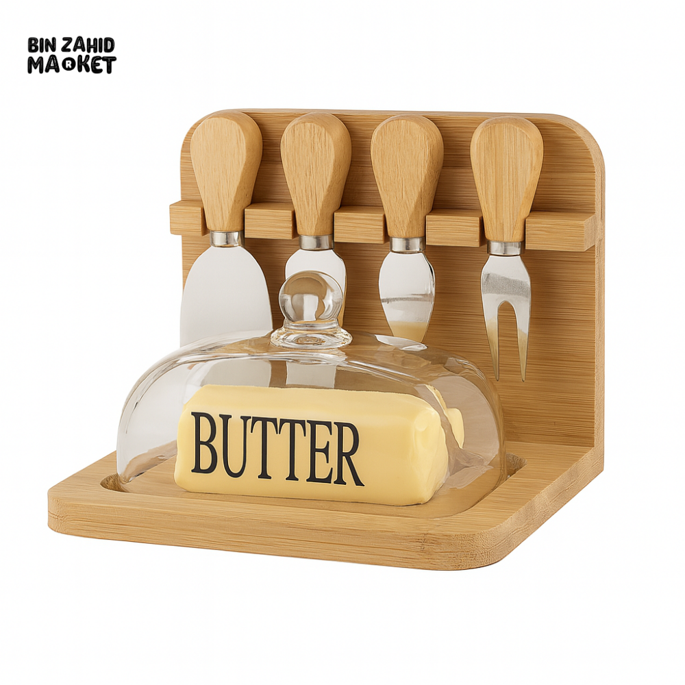 Butter Dish and Cheese Knife Set with Bamboo Base and Glass Lid