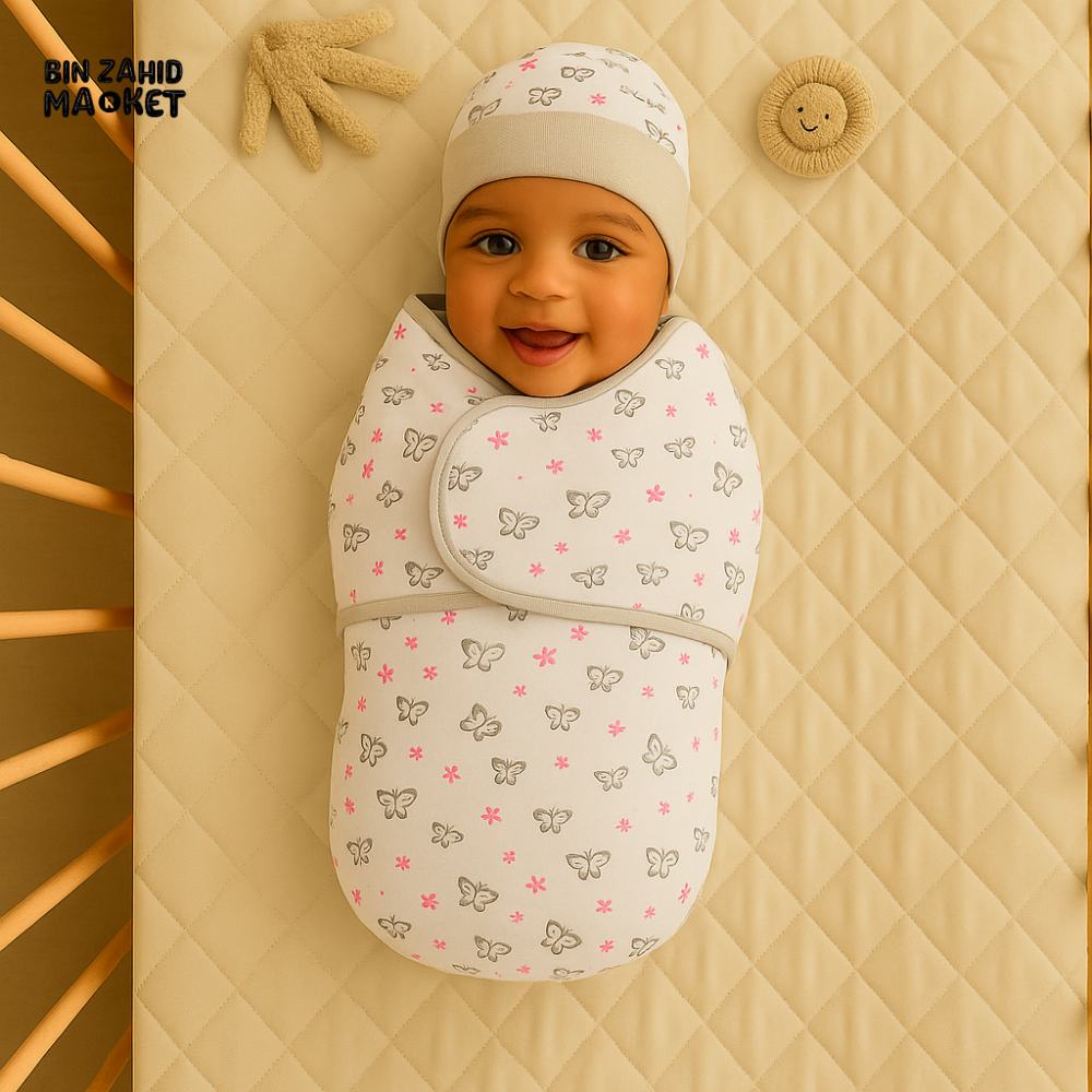 BUTTERFLY & FLORAL PRINT NEWBORN SWADDLE SET WITH CAP & MITTENS – SOFT COTTON WRAP FOR BABY GIRLS