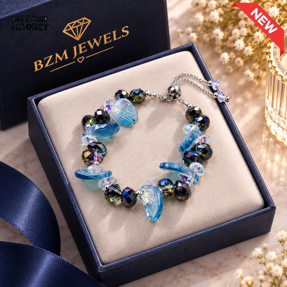 BZM JEWELS BLUE CRYSTAL CHARM BEADED ADJUSTABLE BRACELET