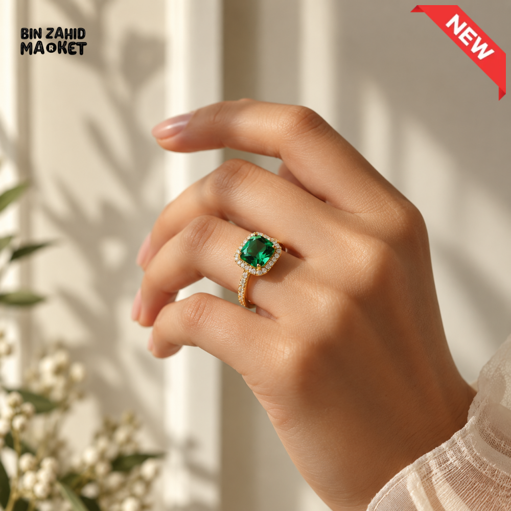 BZM JEWELS EMERALD GREEN HALO GOLD-TONE CRYSTAL RING