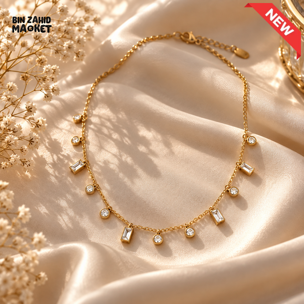 BZM JEWELS GOLD-TONE BAGUETTE AND ROUND CRYSTAL CHARM NECKLACE