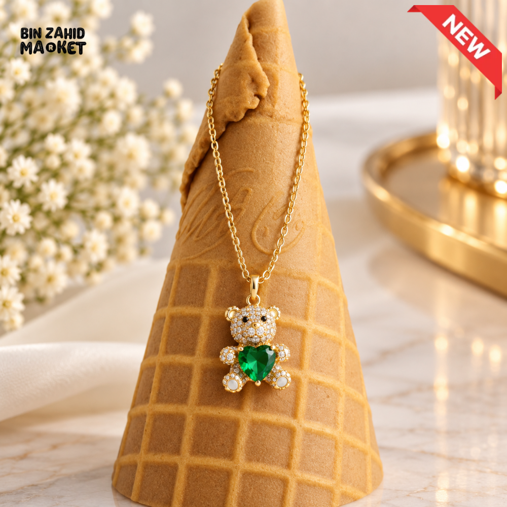 BZM JEWELS GOLD-TONE CRYSTAL TEDDY BEAR PENDANT NECKLACE WITH GREEN HEART STONE
