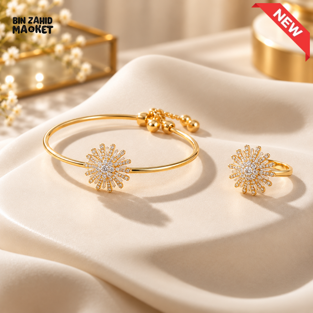 BZM JEWELS GOLD-TONE FLORAL STONE BRACELET AND RING SET