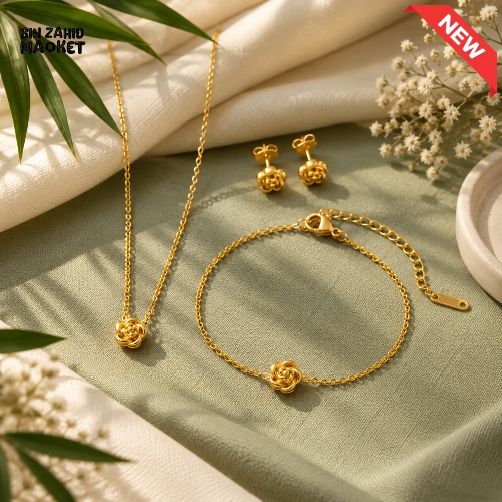 BZM JEWELS GOLD-TONE ROSE FLOWER NECKLACE BRACELET AND STUD EARRINGS SET