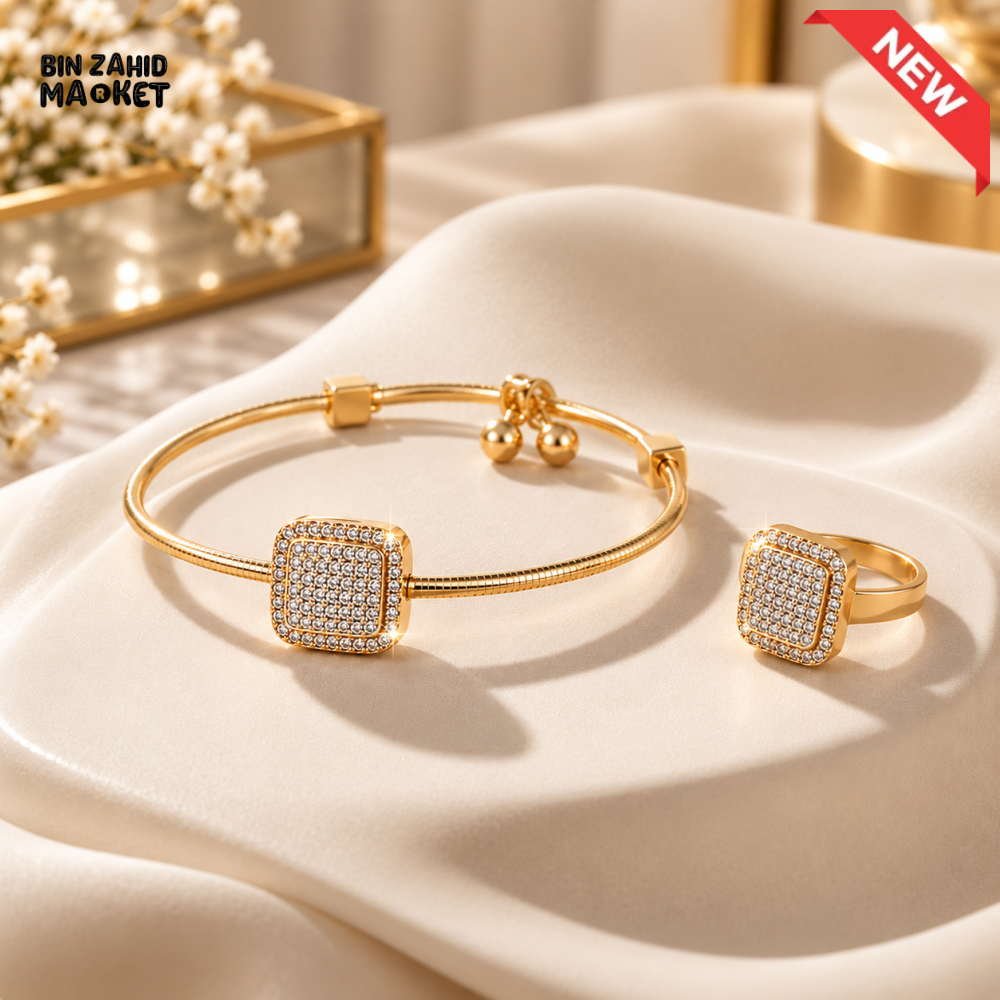 BZM JEWELS GOLD-TONE SQUARE STONE BRACELET AND RING SET