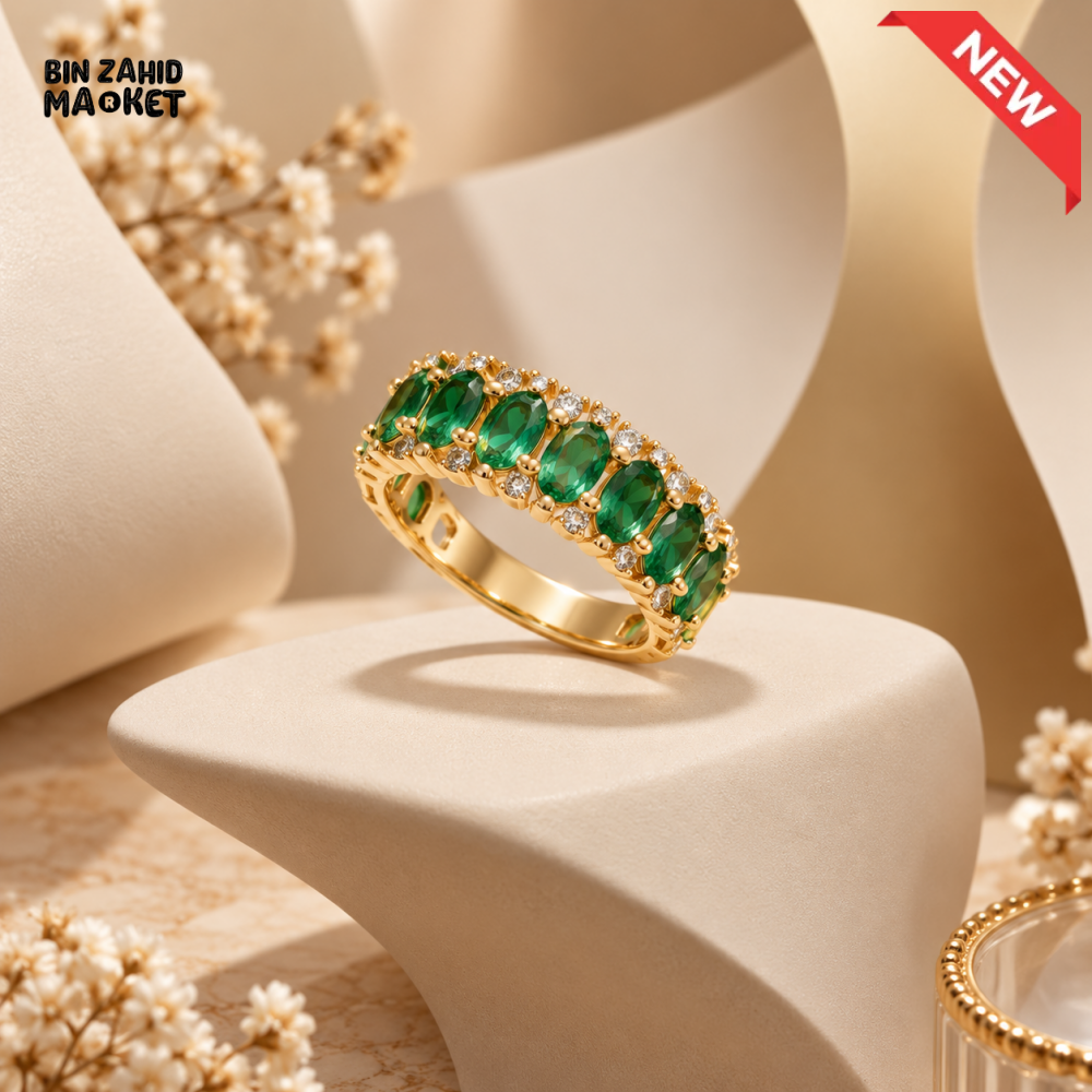 BZM JEWELS GREEN CRYSTAL ETERNITY RING WITH CLEAR STONE ACCENTS