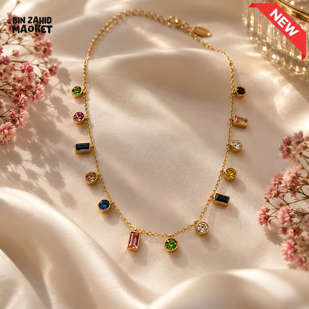 BZM JEWELS MULTICOLOR ROUND AND RECTANGULAR STONE GOLD-TONE CHARM NECKLACE