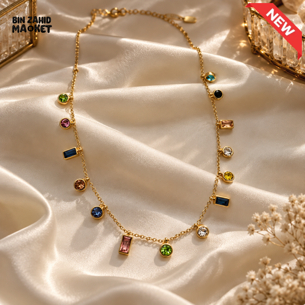 BZM JEWELS MULTICOLOR STONE GOLD-TONE CHARM NECKLACE