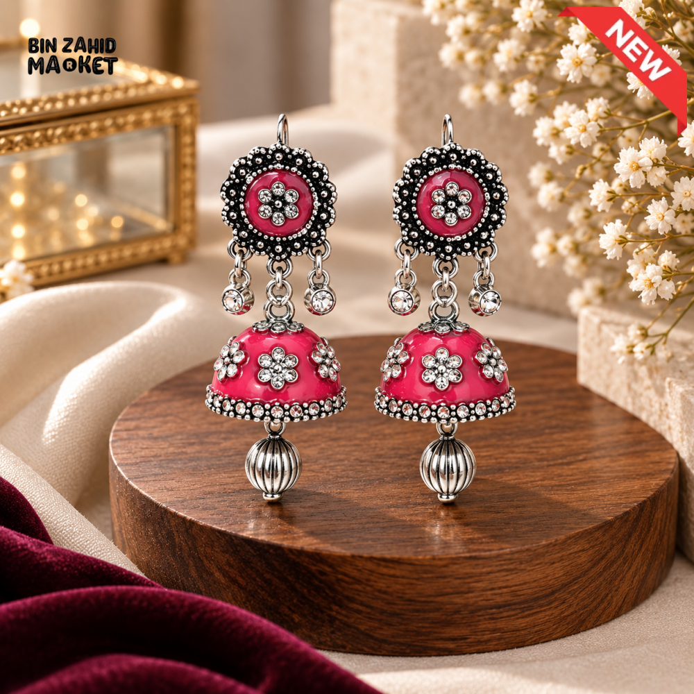 BZM JEWELS PINK FLORAL OXIDIZED SILVER JHUMKA DROP EARRINGS