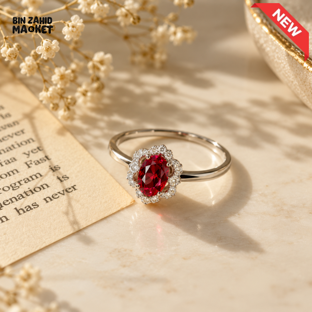 BZM JEWELS RED OVAL STONE HALO SILVER-TONE RING