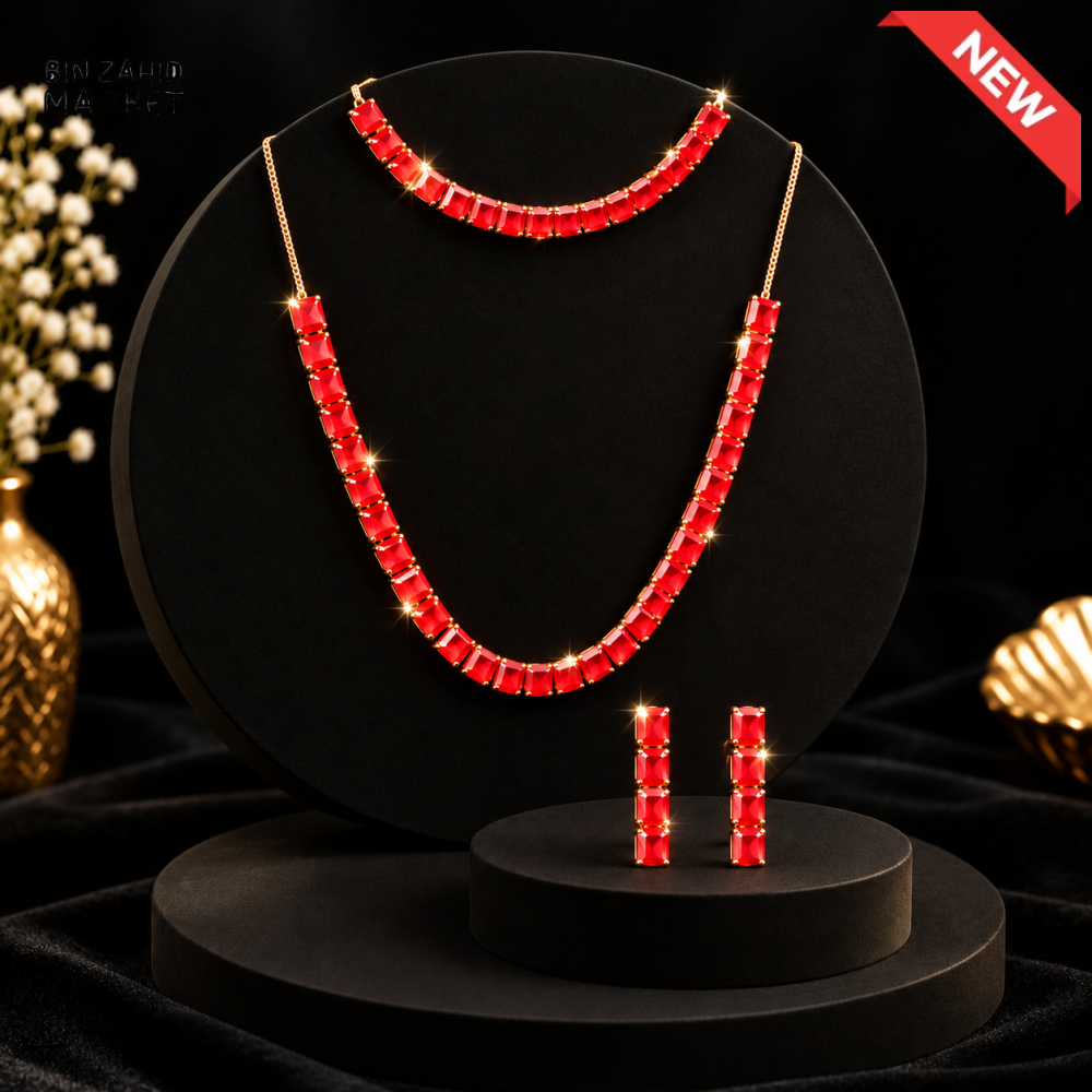 BZM JEWELS RED STONE DOUBLE NECKLACE AND EARRINGS JEWELRY SET