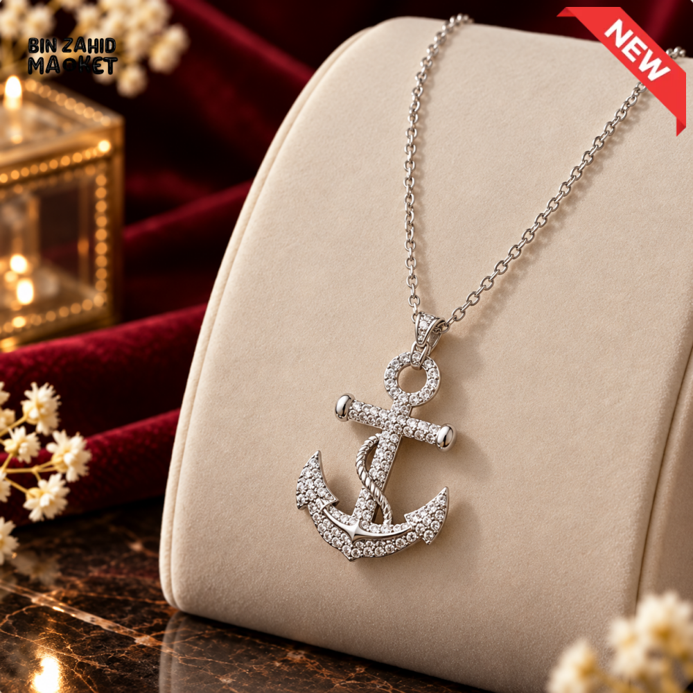 BZM JEWELS SILVER-TONE CRYSTAL ANCHOR PENDANT NECKLACE