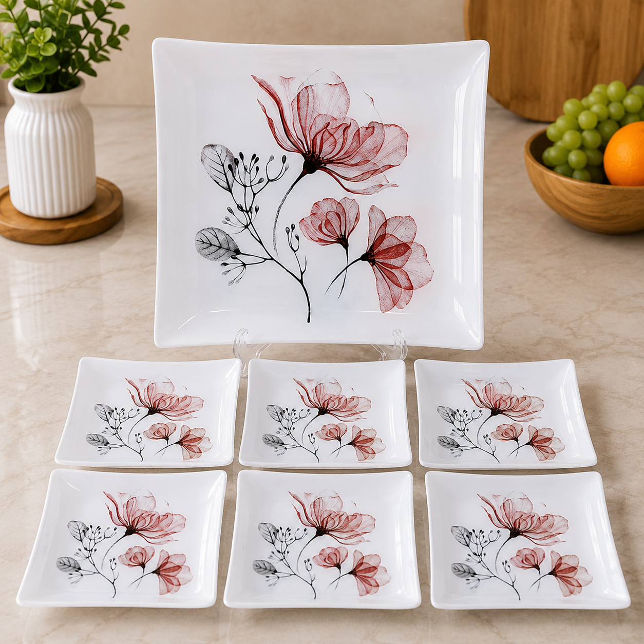 ARCOFAM ELEGANT FLORAL GLASS SERVING 7 PIECE PLATE SET - TARANEH