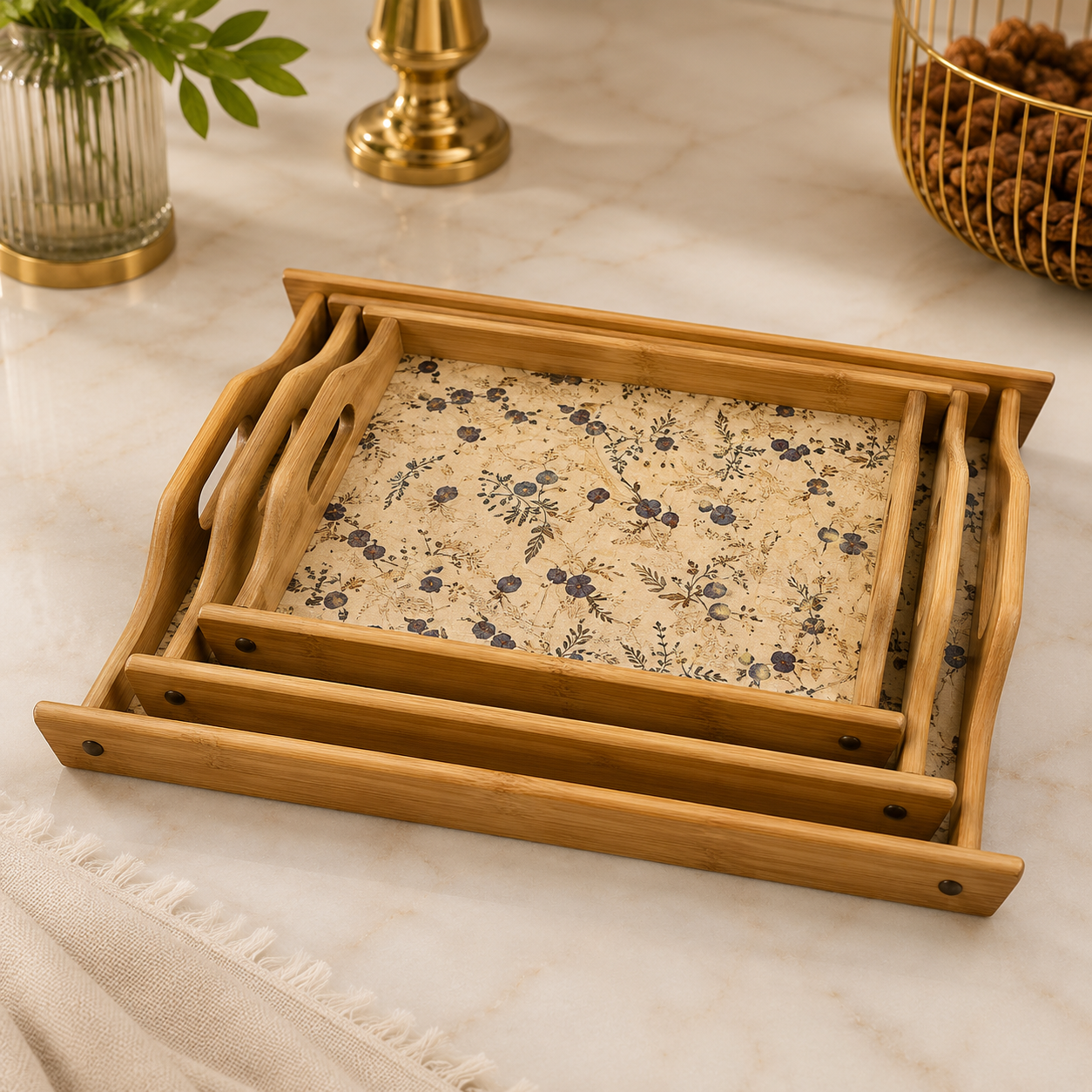 LUXEWOOD 3-PIECE RECTANGULAR WOODEN SERVING TRAY SET - BLUE WILDFLOWER