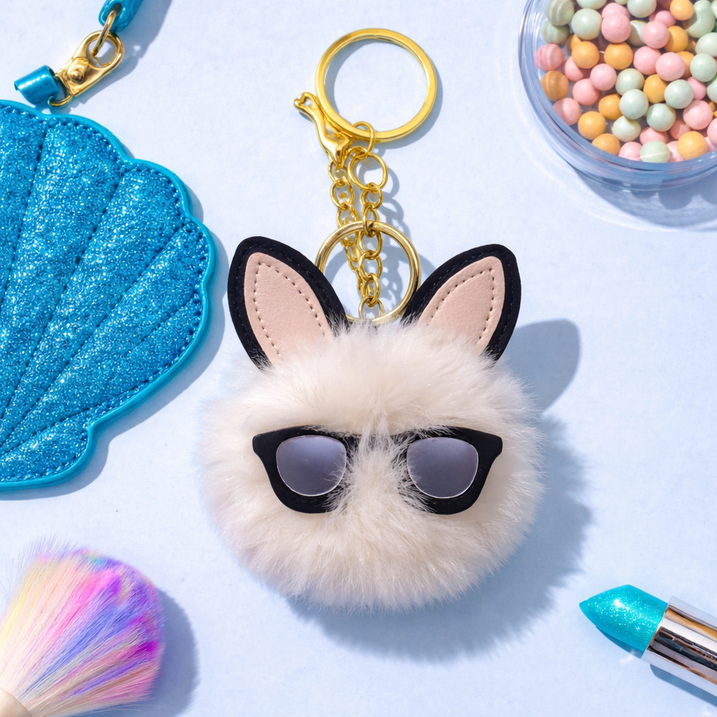 FLUFFY BUNNY POM POM KEYCHAIN WITH SUNGLASSES – CUTE FUR BALL BAG CHARM & CAR KEYRING FOR GIRLS PURSE BACKPACK & GIFT