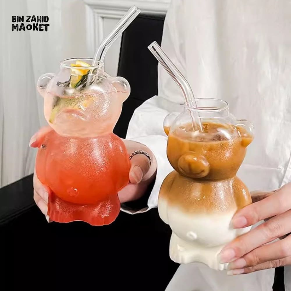 CARTOON BEAR SHAPED GLASS MUG WITH STRAW CUTE TRANSPARENT COFFEE & JUICE CUP CREATIVE MILKY TEA BEAR CUP