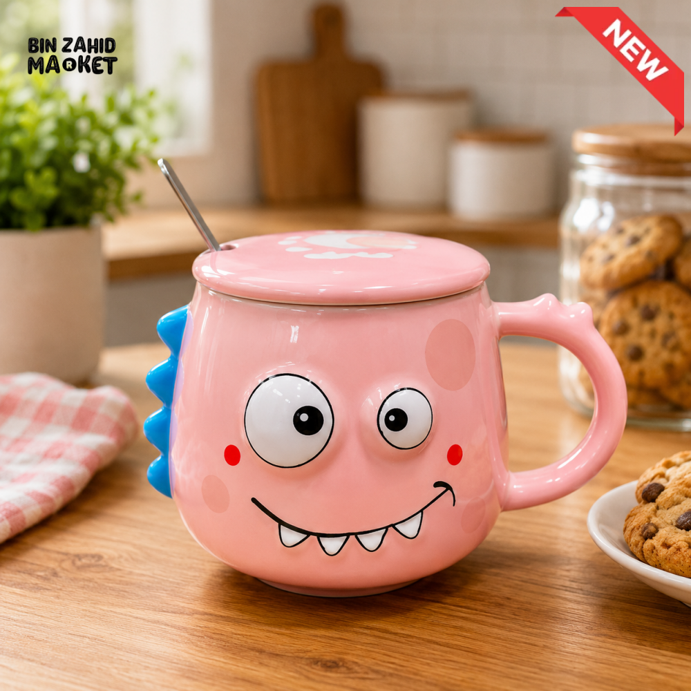 CARTOON DINOSAUR CERAMIC MUG WITH LID & SPOON - PINK
