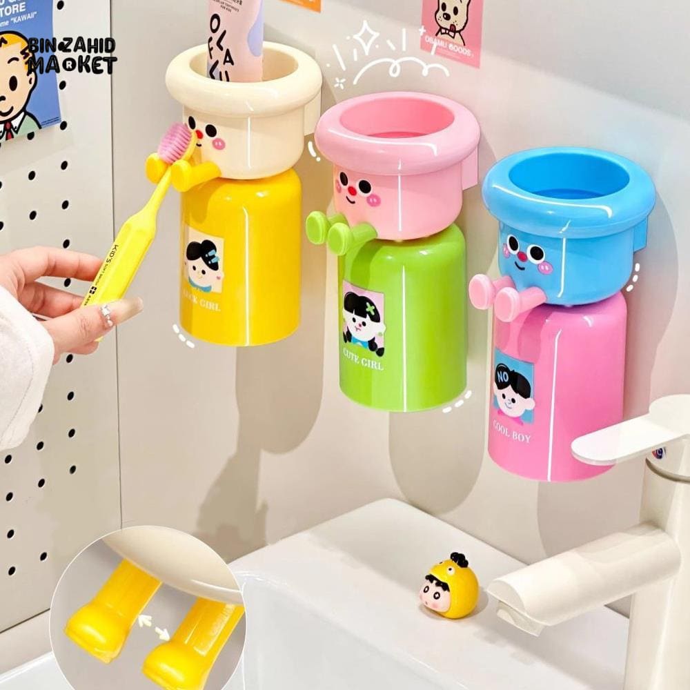 CARTOON TOOTHBRUSH HOLDER WITH GARGLE CUP – PUNCH-FREE WALL-MOUNTED BATHROOM ORGANIZER