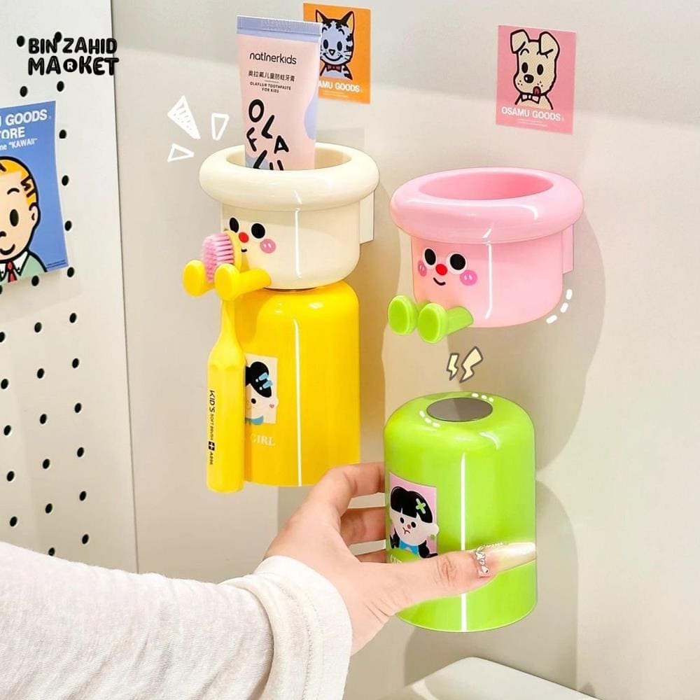 CARTOON TOOTHBRUSH HOLDER WITH GARGLE CUP – PUNCH-FREE WALL-MOUNTED BATHROOM ORGANIZER