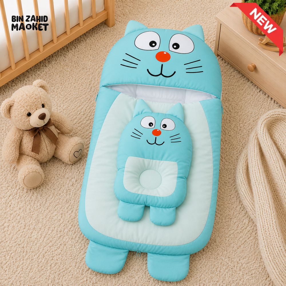 CAT DESIGN COTTON POLYESTER BABY SLEEPING BAG WITH MATCHING PILLOW - BLUE