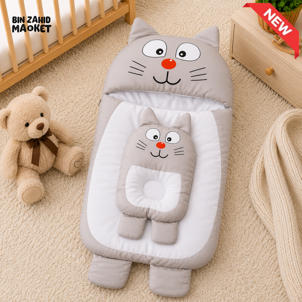 CAT DESIGN COTTON POLYESTER BABY SLEEPING BAG WITH MATCHING PILLOW - GREY