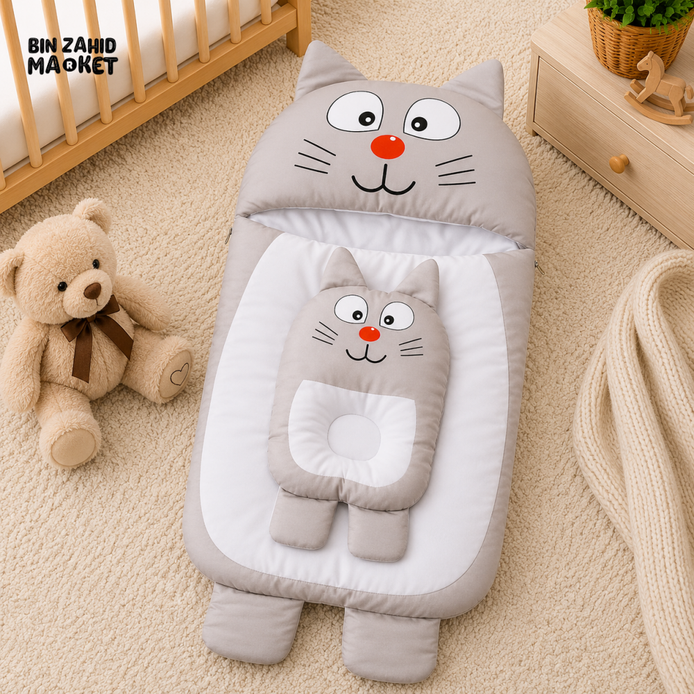 CAT DESIGN COTTON POLYESTER BABY SLEEPING BAG WITH MATCHING PILLOW - GREY