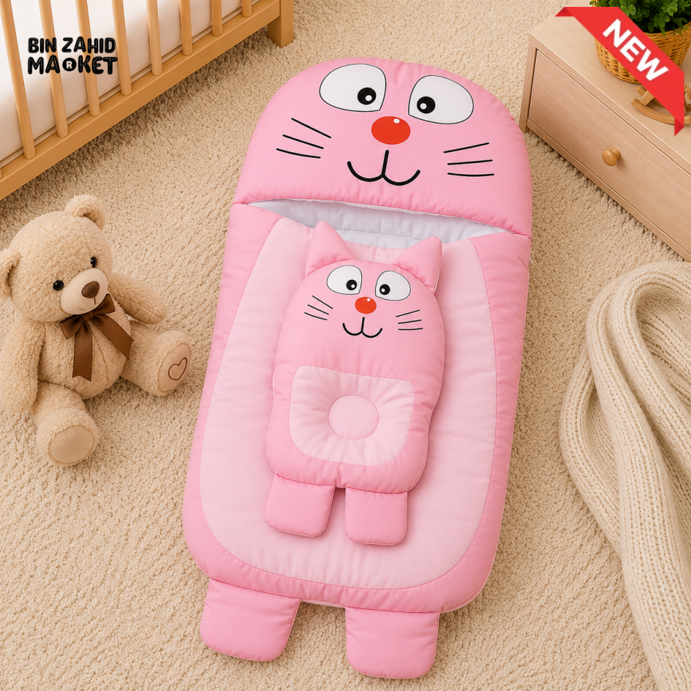 CAT DESIGN COTTON POLYESTER BABY SLEEPING BAG WITH MATCHING PILLOW - PINK
