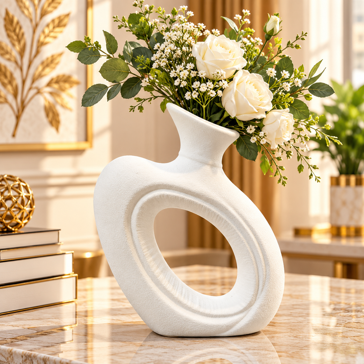 WHITE ABSTRACT OVAL LOOP DECORATIVE VASE - LARGE