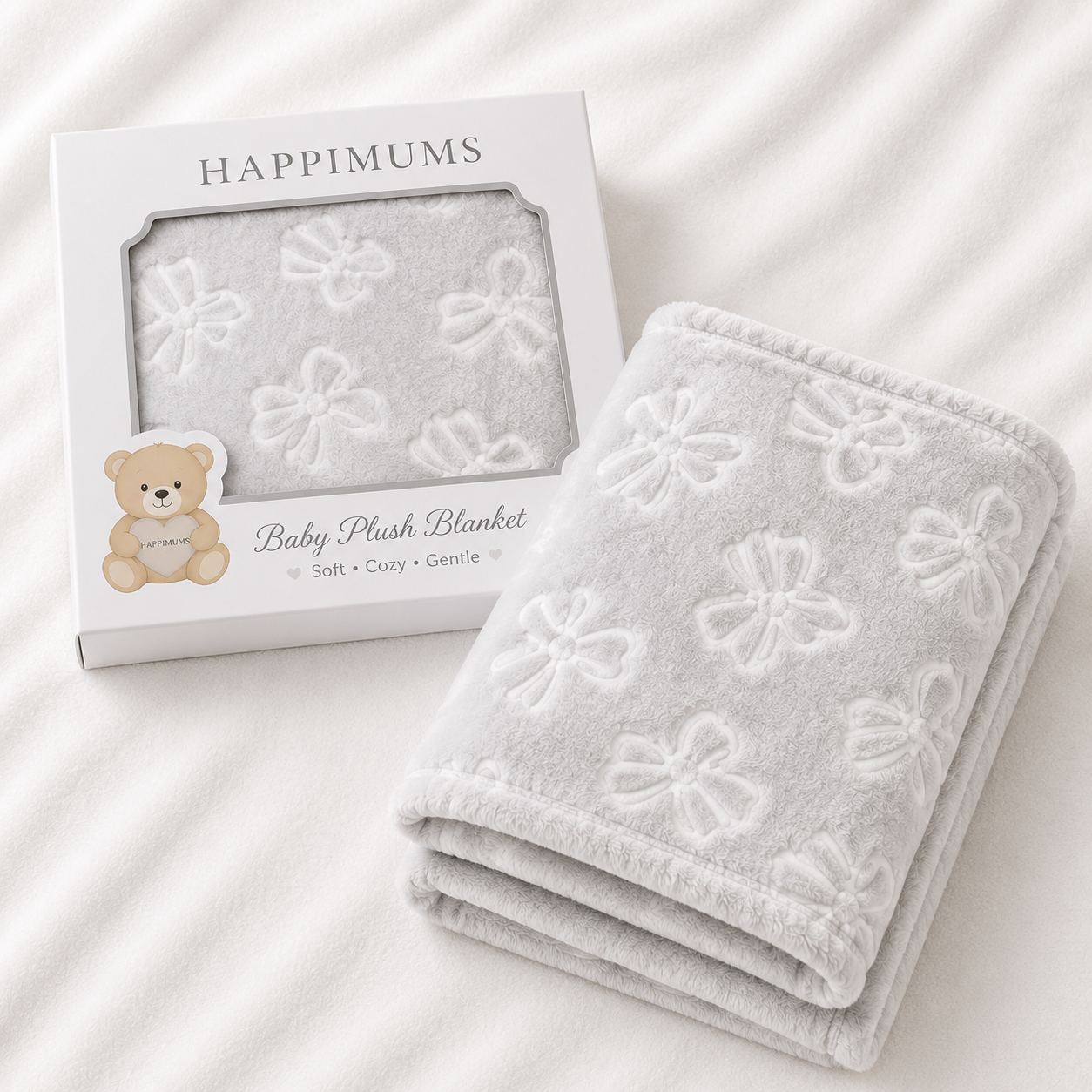 HAPPIMUMS BABY PLUSH SLEEPING BLANKET DOUBLE PLY SWEET RIBBON 110 x 80 - GREY