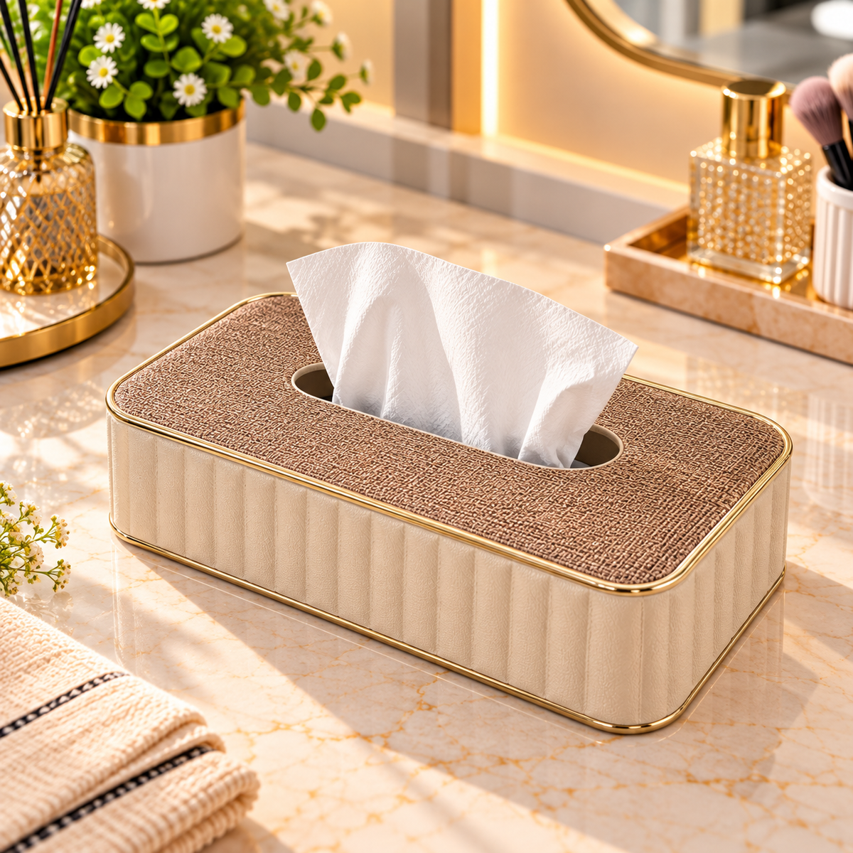 BROWN TEXTURED RECTANGULAR TISSUE BOX WITH GOLD TRIM