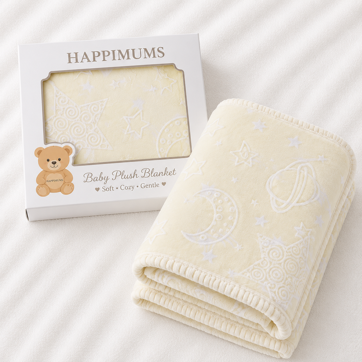 HAPPIMUMS BABY PLUSH SLEEPING BLANKET DOUBLE PLY MOON & STARS 110 x 80 - CREAM