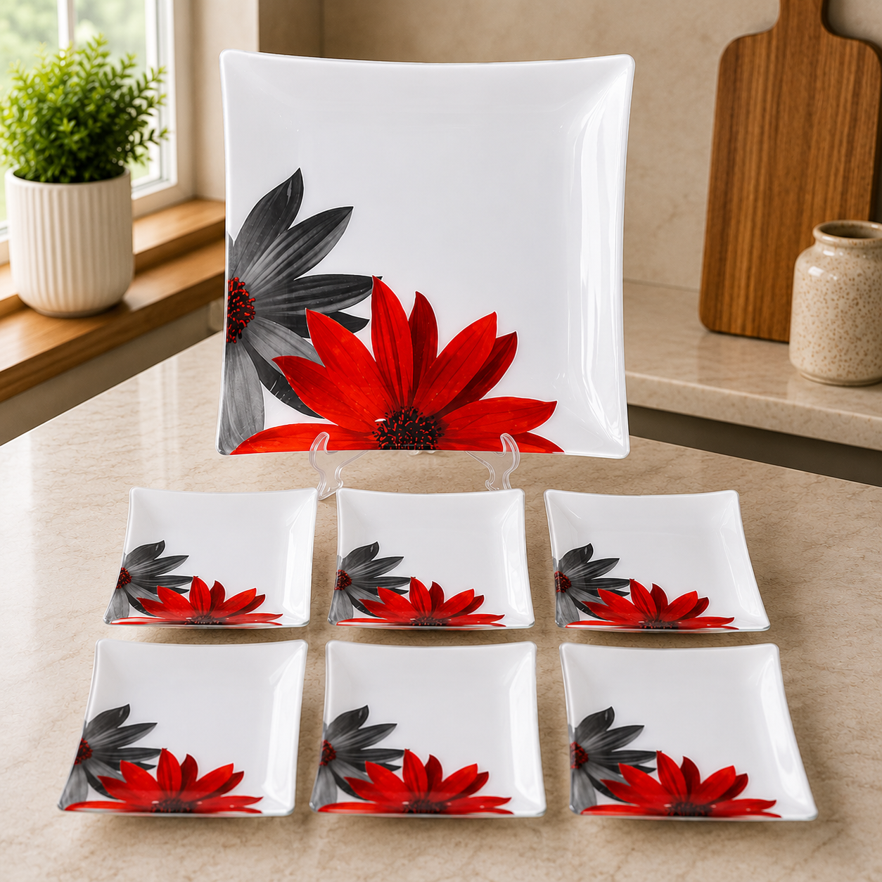 ARCOFAM SQUARE GLASS SERVING PLATE SET – RED ARFATGARDAN