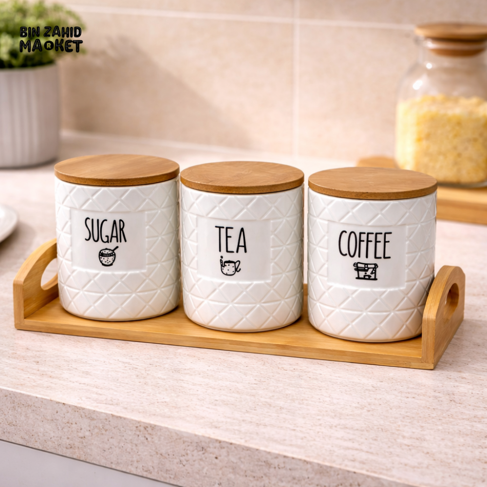 CERALUXE 3 PIECES KITCHEN STORAGE JAR SET WITH BAMBOO TRAY