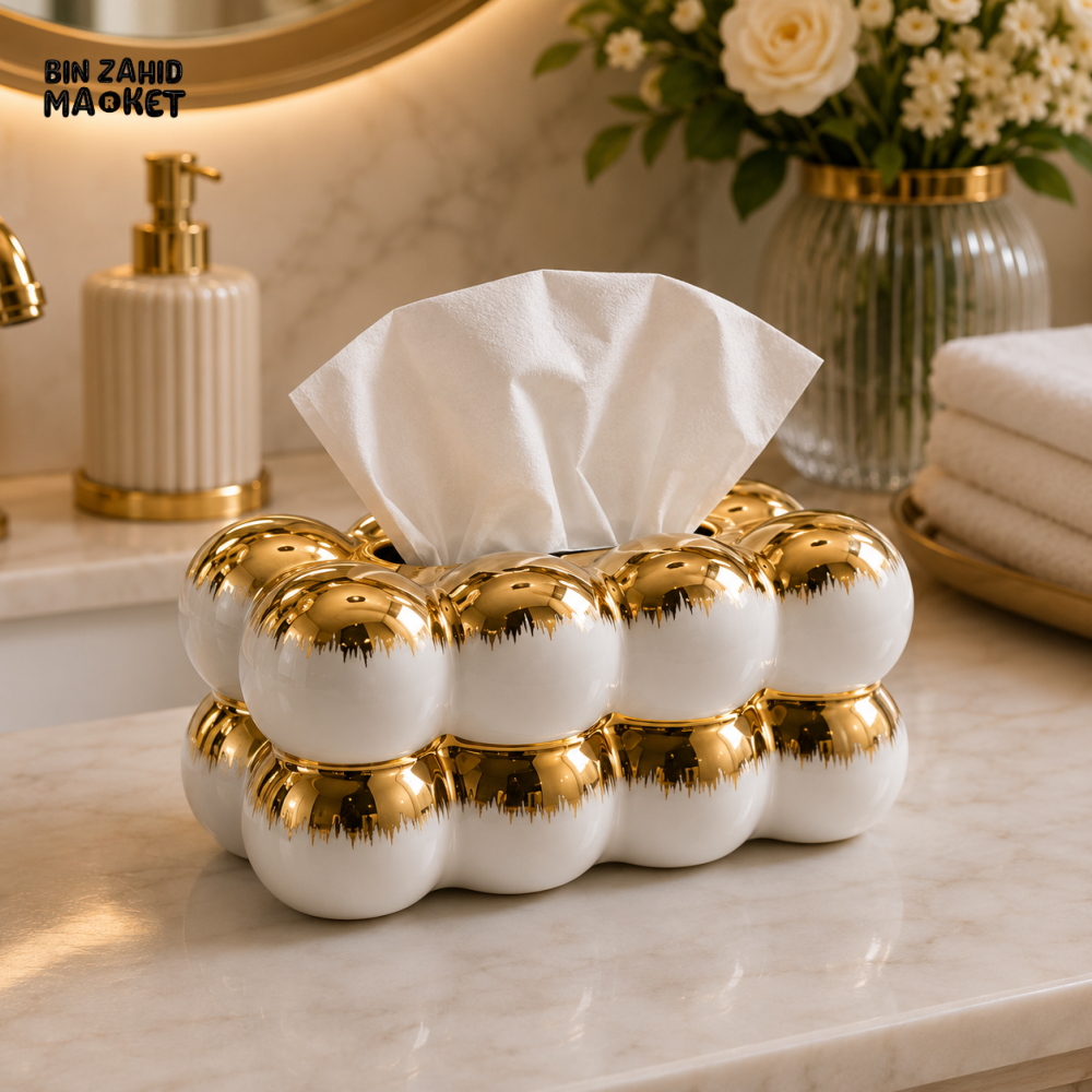 CERALUXE BUBBLE CERAMIC TISSUE BOX HOLDER – WHITE&GOLD