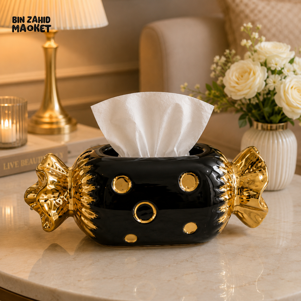 LUXURY CANDY SHAPE CERAMIC TISSUE BOX HOLDER - BLACK&GOLD
