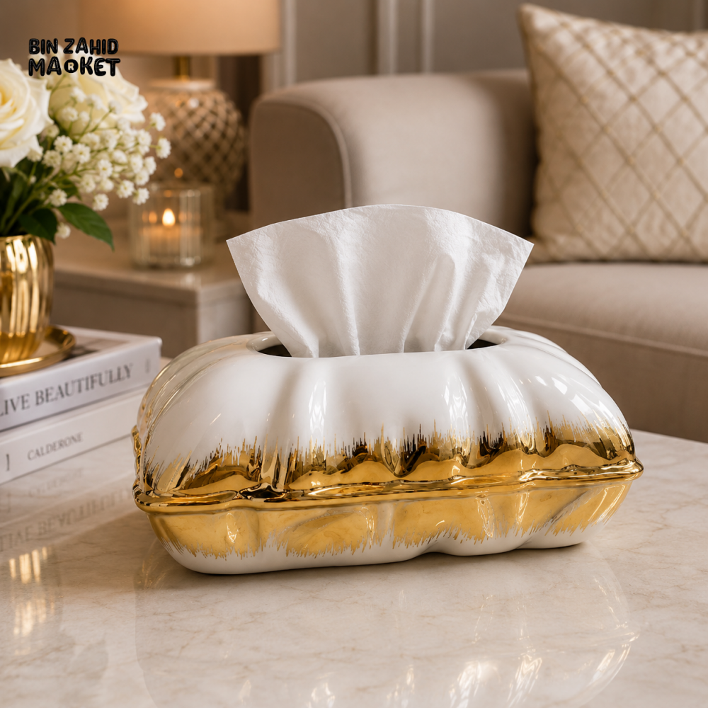 LUXURY CERAMIC TISSUE BOX HOLDER - WHITE&GOLD
